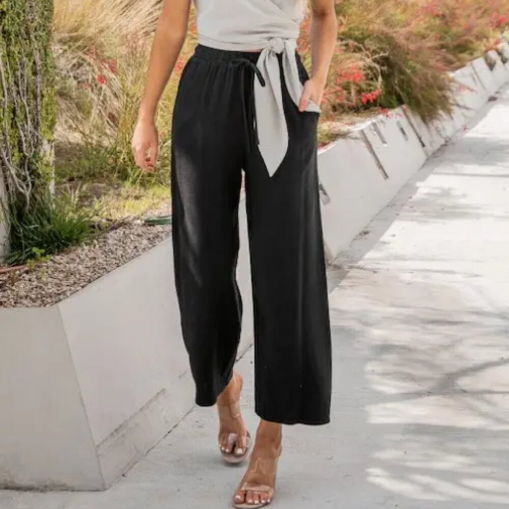NEW Soft Linen Pants Wide Leg Womens Relaxed Fit Elastic Tie Waist Office Work